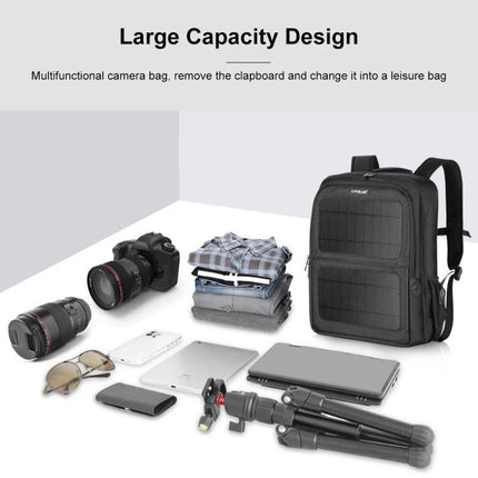 PULUZ Solar Powered Backpack for Outdoor Camera and Laptop Use with camera, lenses, laptop and tripod displayed