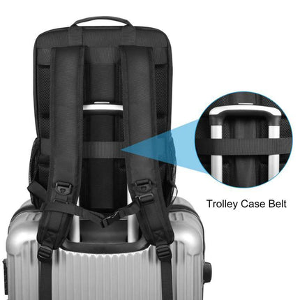 PULUZ Solar Powered Backpack for Outdoor Camera and Laptop Use showing trolley case belt and padded shoulder straps for travel