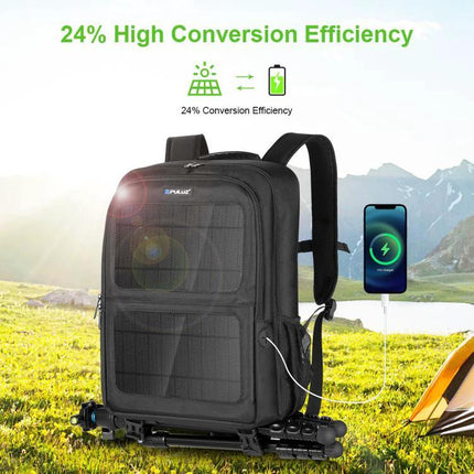 PULUZ Solar Powered Backpack for Outdoor Camera and Laptop Use with solar panel charging phone and camera gear organized on a hike