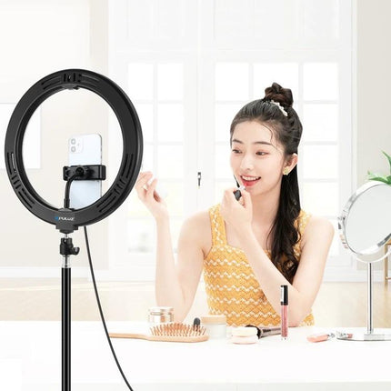 PULUZ Flexible and Adjustable Clip Mount Holder for Smartphones holding phone in ring light setup for hands-free makeup tutorial