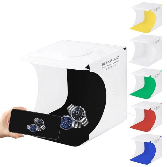 PULUZ Portable 20cm Folding Light Box for Product Photography white mini studio with black backdrop and wristwatch display