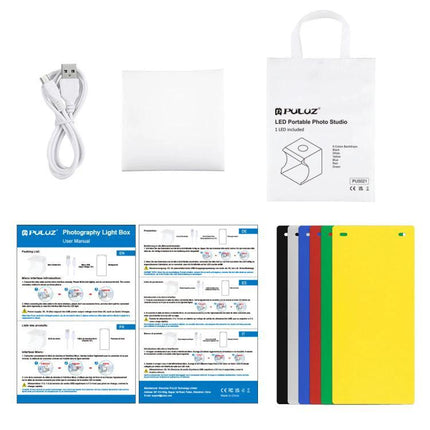 PULUZ Portable 20cm Folding Light Box for Product Photography accessories kit with USB cable carry bag manuals and colored backdrops