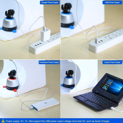 PULUZ Portable 20cm Folding Light Box for Product Photography showing charging options with charger, USB, powerbank, and laptop connections