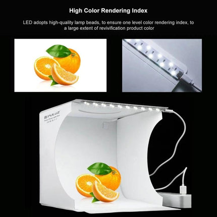 PULUZ Portable 20cm Folding Light Box for Product Photography compact white LED light box showcasing oranges with high color rendering