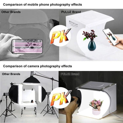 PULUZ Portable 20cm Folding Light Box for Product Photography showing side-by-side comparison of mobile and camera shots with improved lighting and product detail
