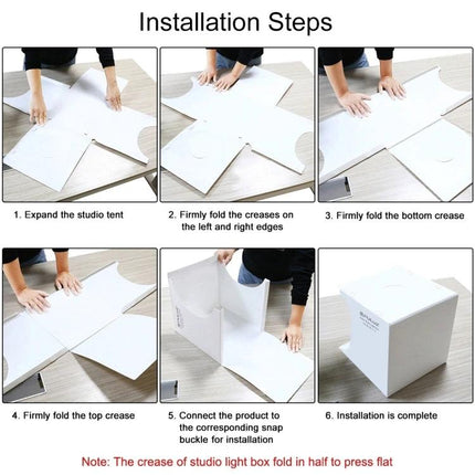 PULUZ Portable 20cm Folding Light Box for Product Photography showing step-by-step installation and folding instructions