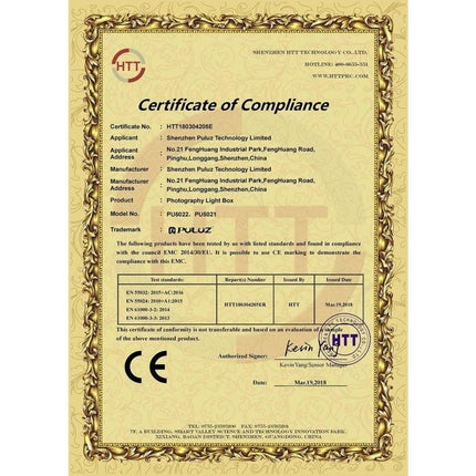 PULUZ Portable Folding Light Box for Small Item Photography certificate of compliance document showing CE and manufacturer details
