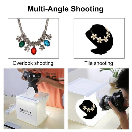 PULUZ Portable Folding Light Box for Small Item Photography showing multi-angle shooting of jewelry on a tabletop light box