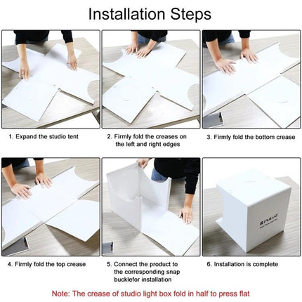 PULUZ Portable Folding Light Box for Small Item Photography showing step-by-step assembly and installation steps