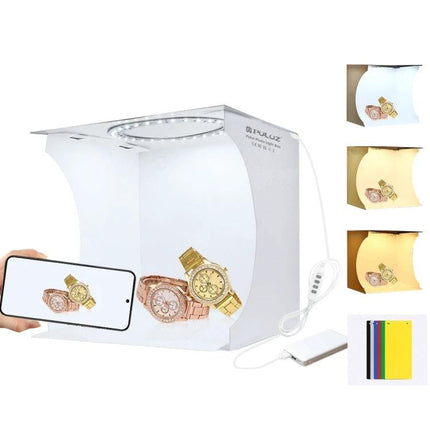 PULUZ Portable Ring LED Light Box for Small Item Photography showing watches on white background with phone capture