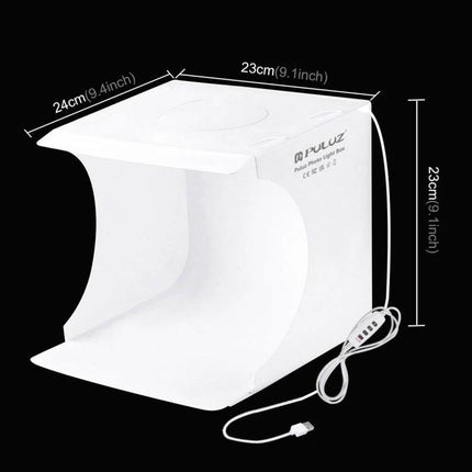 PULUZ Portable Ring LED Light Box for Small Item Photography – compact white foldable studio with USB cable and 23x24cm dimensions