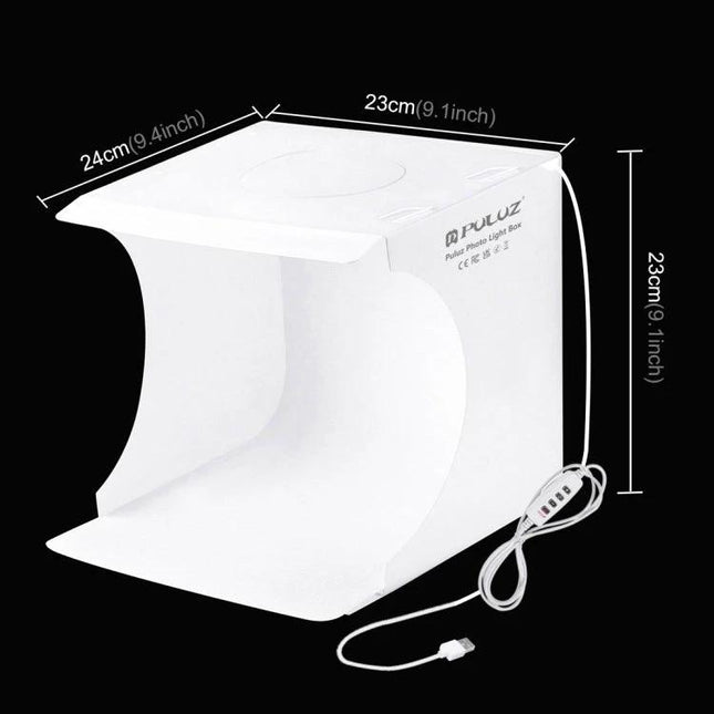 PULUZ Portable Ring LED Light Box for Small Item Photography – compact white foldable studio with USB cable and 23x24cm dimensions