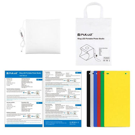 PULUZ Portable Ring LED Light Box for Small Item Photography with carrying bag diffuser boards and user manual