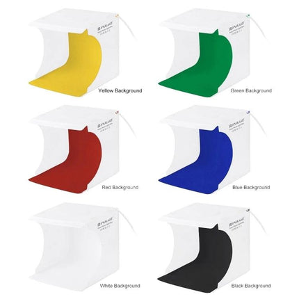 PULUZ Portable Ring LED Light Box for Small Item Photography showing six background colors (yellow, green, red, blue, white, black) in collapsible studio