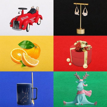 PULUZ Portable Ring LED Light Box for Small Item Photography showing evenly lit product shots: toy car, earrings, orange, gift box, mug, reindeer figurine