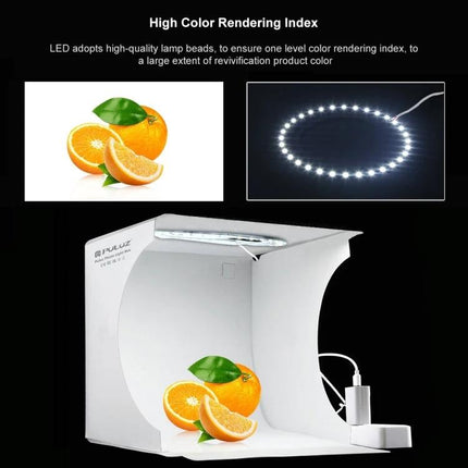 PULUZ Portable Ring LED Light Box for Small Item Photography showing ring LED, white foldable light box and orange product demo