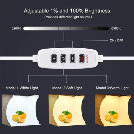 PULUZ Portable Ring LED Light Box for Small Item Photography showing adjustable brightness, color temperature modes (white, soft, warm) and control buttons