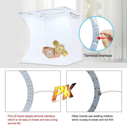 PULUZ Portable Ring LED Light Box for Small Item Photography showing ring LED, watches, and terminal interface close-up