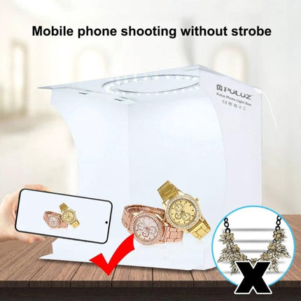 PULUZ Portable Ring LED Light Box for Small Item Photography showing watches and phone setup with even lighting