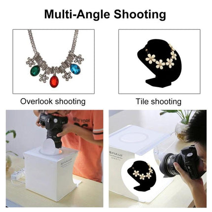PULUZ Portable Ring LED Light Box for Small Item Photography showing multi-angle shooting with necklace on light box and cameras
