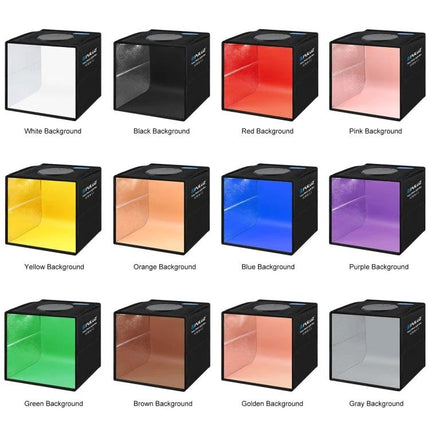 PULUZ 25cm Folding Portable Light Box for Small Item Photography showing multiple colored backgrounds (white, black, red, pink, yellow, orange, blue, purple, green, brown, golden, gray)