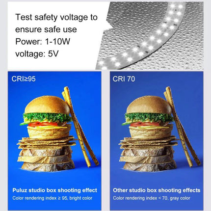 PULUZ 25cm Folding Portable Light Box for Small Item Photography showing CRI≥95 vs CRI70 lighting comparison and LED ring detail