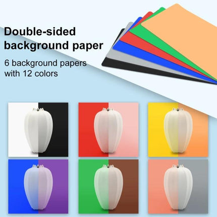 PULUZ 25cm Portable Folding Photography Light Box for Small Items - double-sided background paper set showing 12 color options and sample product shots