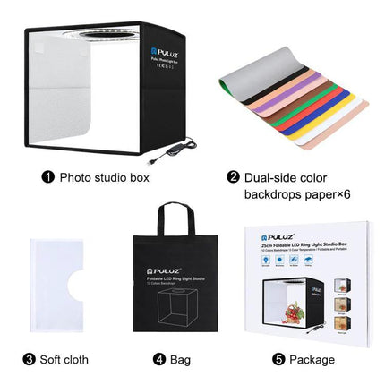 PULUZ 25cm Portable Folding Photography Light Box for Small Items with dual-side backdrops, soft cloth, bag and package