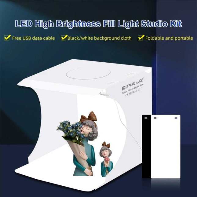 PULUZ Folding Portable Light Box for Small Item Photography showing white foldable mini studio with LED fill lights and sample figurines