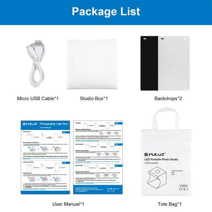 PULUZ Folding Portable Light Box for Small Item Photography package contents showing micro USB cable, studio box, black and white backdrops, user manual and tote bag