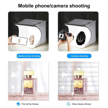 PULUZ Folding Portable Light Box for Small Item Photography showing mobile phone and camera shooting setups with perfume and jewelry