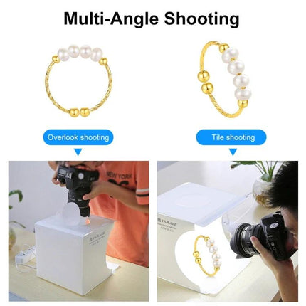 PULUZ Folding Portable Light Box for Small Item Photography showing multi-angle shooting of a pearl bracelet with camera setup