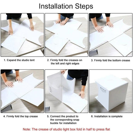 PULUZ Folding Portable Light Box for Small Item Photography showing step-by-step folding installation guide