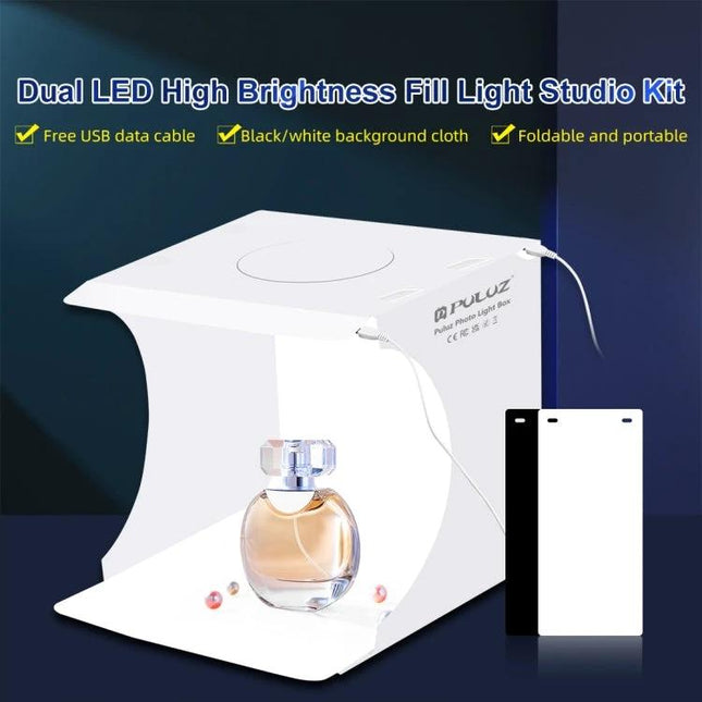 PULUZ Portable Folding Light Box for Small Item Photography white foldable mini studio with perfume and backgrounds