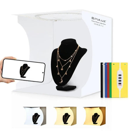 PULUZ 30cm Folding Light Box Kit for Small Product Photography portable studio shooting jewelry on mannequin with color backdrops and LED control