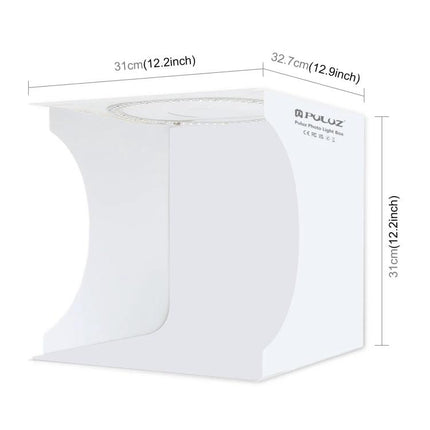 PULUZ 30cm Folding Light Box Kit for Small Product Photography white portable foldable cube with built-in LED ring and dimensions shown
