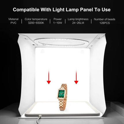 PULUZ 30cm Folding Light Box Kit for Small Product Photography showing watch under light panel for shadow-free product shots