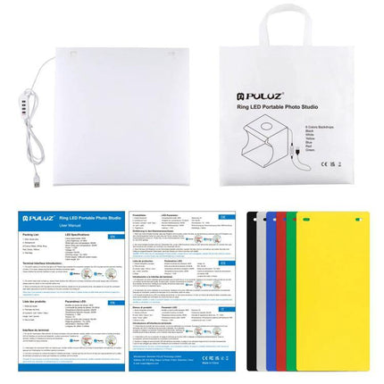PULUZ 30cm Folding Light Box Kit for Small Product Photography showing folded light box, carry bag, USB cord and colored backdrops