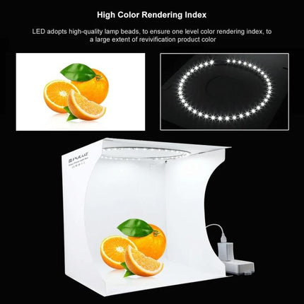 PULUZ 30cm Folding Light Box Kit for Small Product Photography showing LED ring, white backdrop and photographed oranges