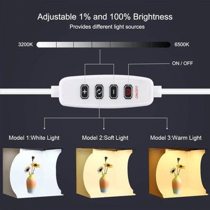 PULUZ 30cm Folding Light Box Kit for Small Product Photography showing adjustable 3200–6500K lighting modes and dimmer control for white, soft, warm light