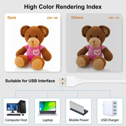 PULUZ 30cm Folding Light Box Kit for Small Product Photography showing high color rendering comparison with USB power options