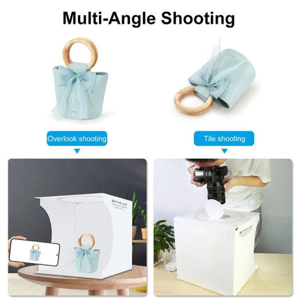 PULUZ 30cm Folding Light Box Kit for Small Product Photography showing multi-angle shooting of a small bag with overhead and tilt setups
