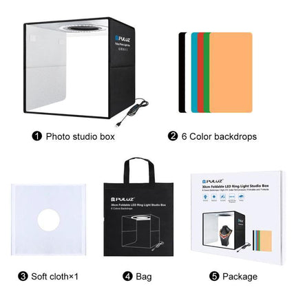 PULUZ 30cm Folding Photo Box for Product Shooting with Backdrops showing box, 6 color backdrops, soft cloth, bag and package