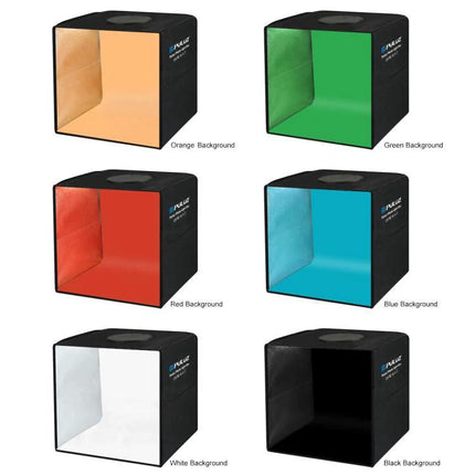 PULUZ 30cm Folding Photo Box for Product Shooting with Backdrops showing six colored backdrop options (orange green red blue white black)