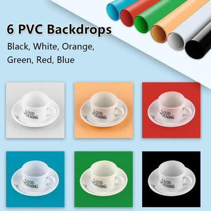PULUZ 30cm Folding Photo Box for Product Shooting with Backdrops showing six PVC backdrop colors and sample cup setups