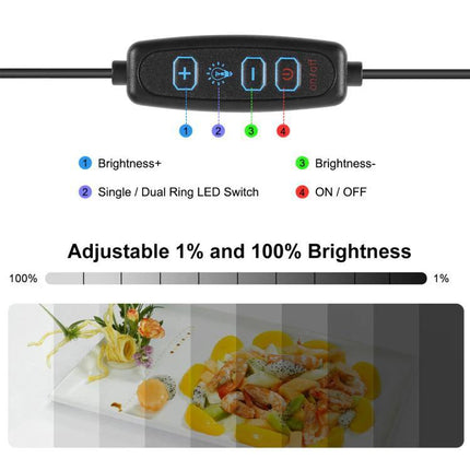 PULUZ 30cm Folding Photo Box for Product Shooting with Backdrops LED controller showing brightness +/-, single/dual ring switch and on/off with brightness gradient