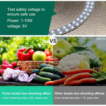 PULUZ 30cm Folding Photo Box for Product Shooting with Backdrops - LED ring light demo showing high CRI color rendering for vibrant product photos