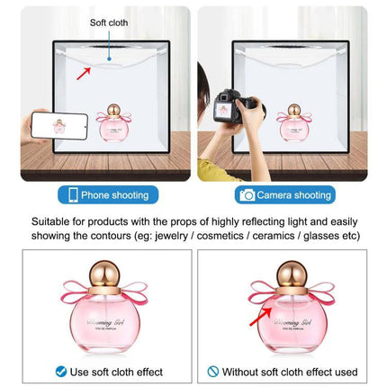 PULUZ 30cm Folding Photo Box for Product Shooting with Backdrops showing perfume photographed inside with LED lighting and soft cloth effect