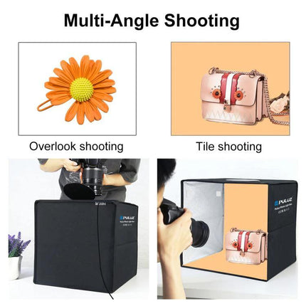 PULUZ 30cm Folding Photo Box for Product Shooting with Backdrops showing multi-angle shooting with LED lights and sample prop images