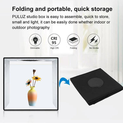 PULUZ 30cm Folding Photo Box for Product Shooting with Backdrops showing folding portable studio with LED lights and included backdrops